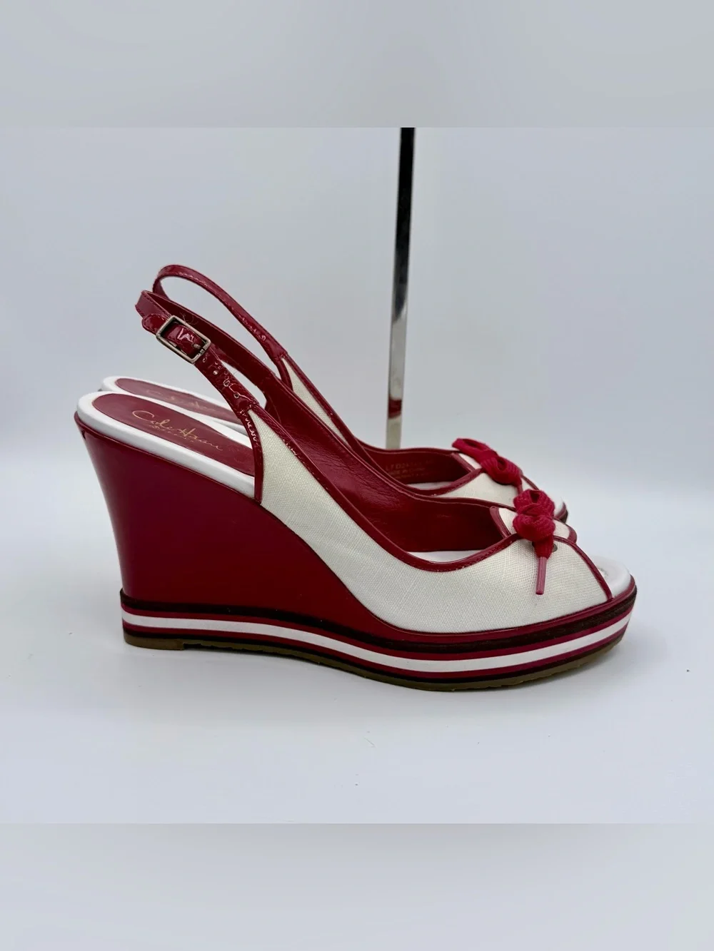 Cole Haan G Series Nike Air Wedge Sandals Canvas Patent Bow 8B